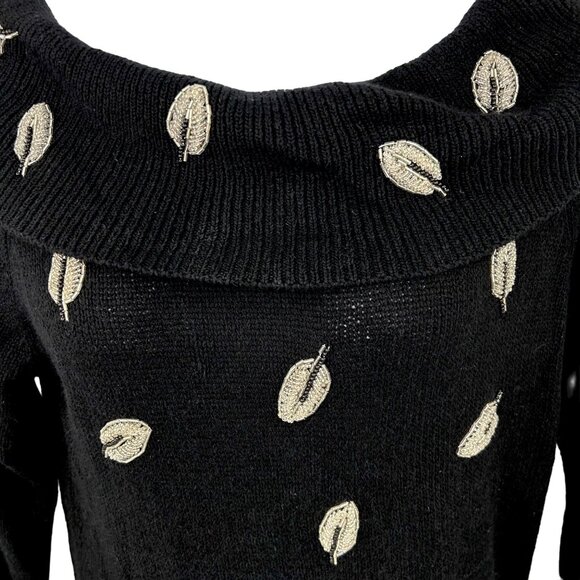 VINTAGE E.M.T. ON/OFF SHOULDER BEADED LEAF SILK ANGORA SWEATER - M - Picture 2 of 4